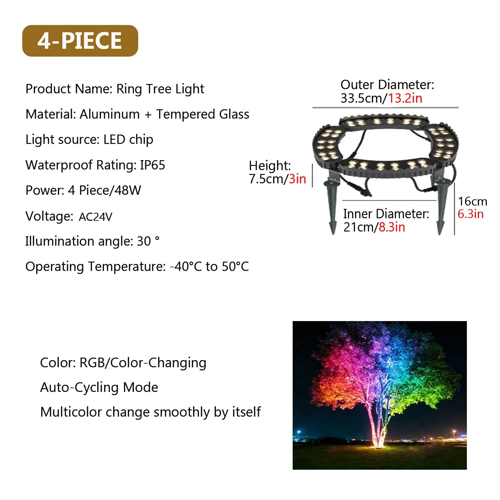 Niskonapięciowe Oświetlenie Pierścieniowe Drzewa AC24V RGB Zmiana Koloru Zewnętrzny Reflektor Krajobrazowy Wodoodporne Diody LED IP65 Na Każdą Pogodę Do Patio I Ogrodu(4 pieces)
