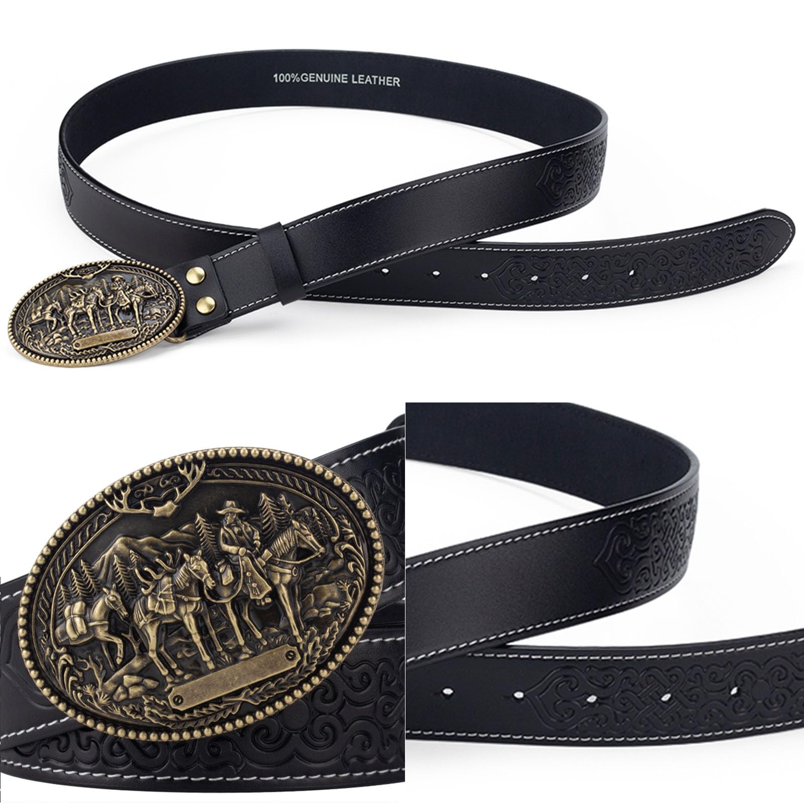 Vintage Looper Belt Embossed Black Horse Hook Hinge Cabochon Western Cowboy 38 Rockabilly Leather 1970s Vintage Belts for sale | eBay main image 3