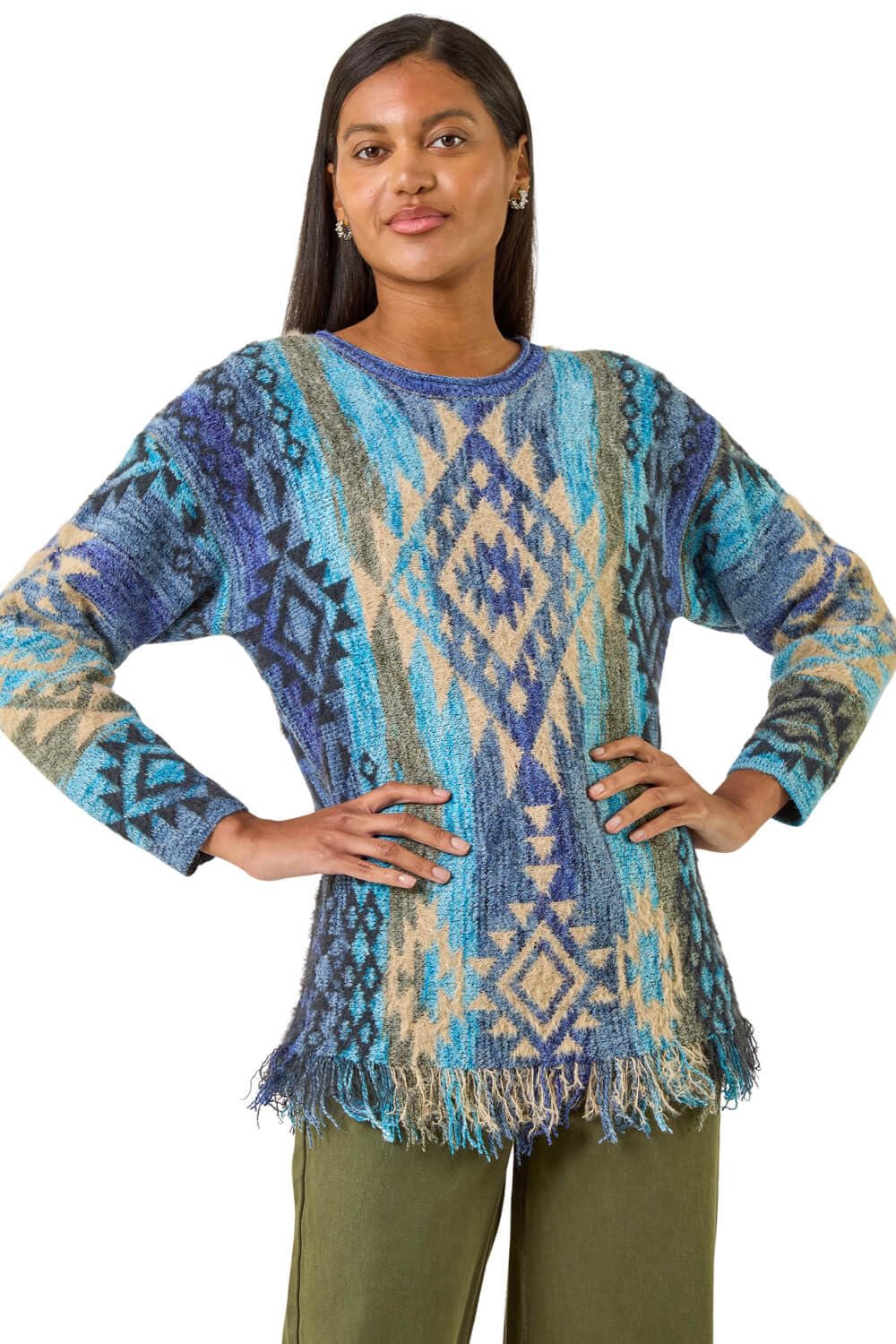 Roman Originals Women's Blue Jacquard Tassel Trim Knit Jumper For Uk - Everyday Autumn Winter Crew Neckline Comfy Soft Evening Vacation Work Party Night Out - Size 16