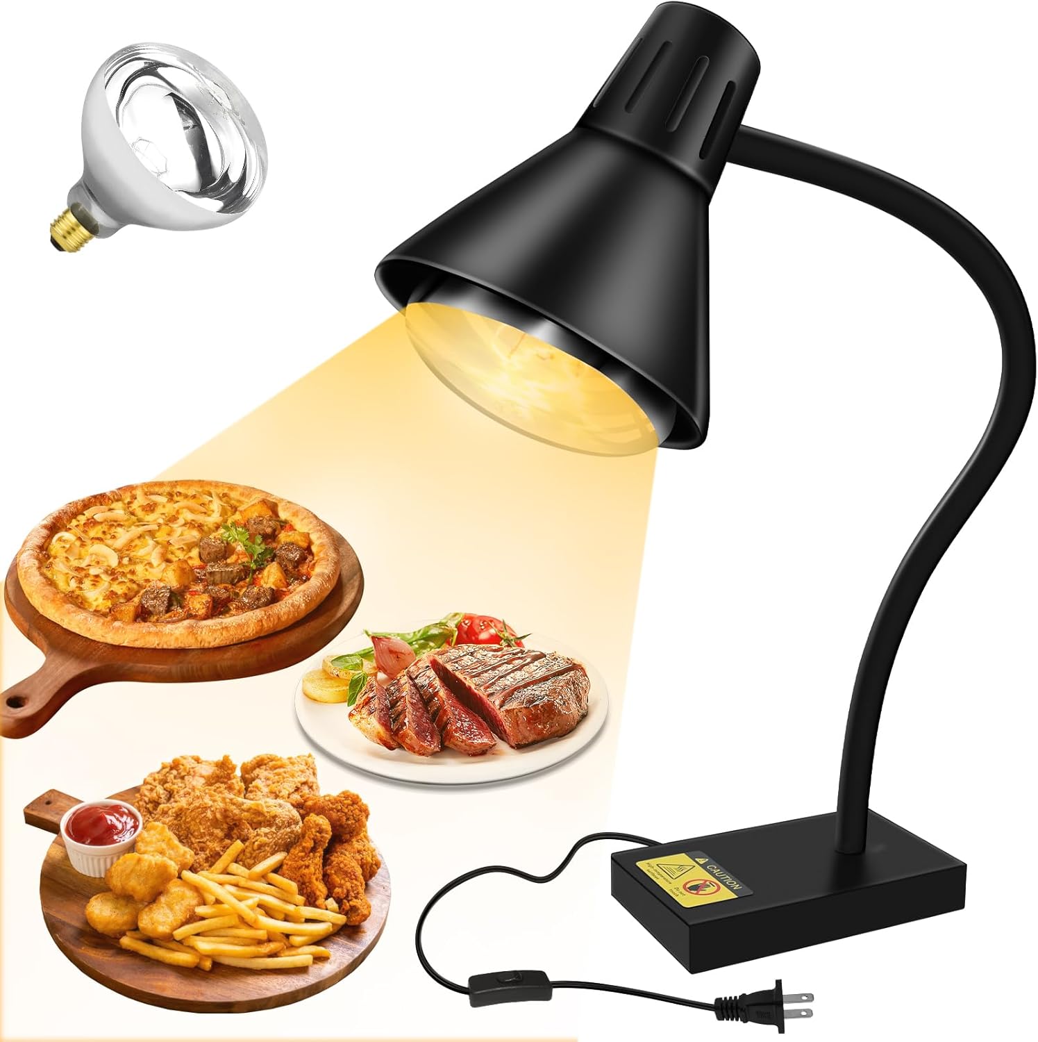 Heat Lamp for Food, Commercial Food Warmer 250W Bulb Stainless Steel Catering Food Warming Lamp Portable Electric Food Warmer for Food Service Restaurant Buffet Kitchen (Black)