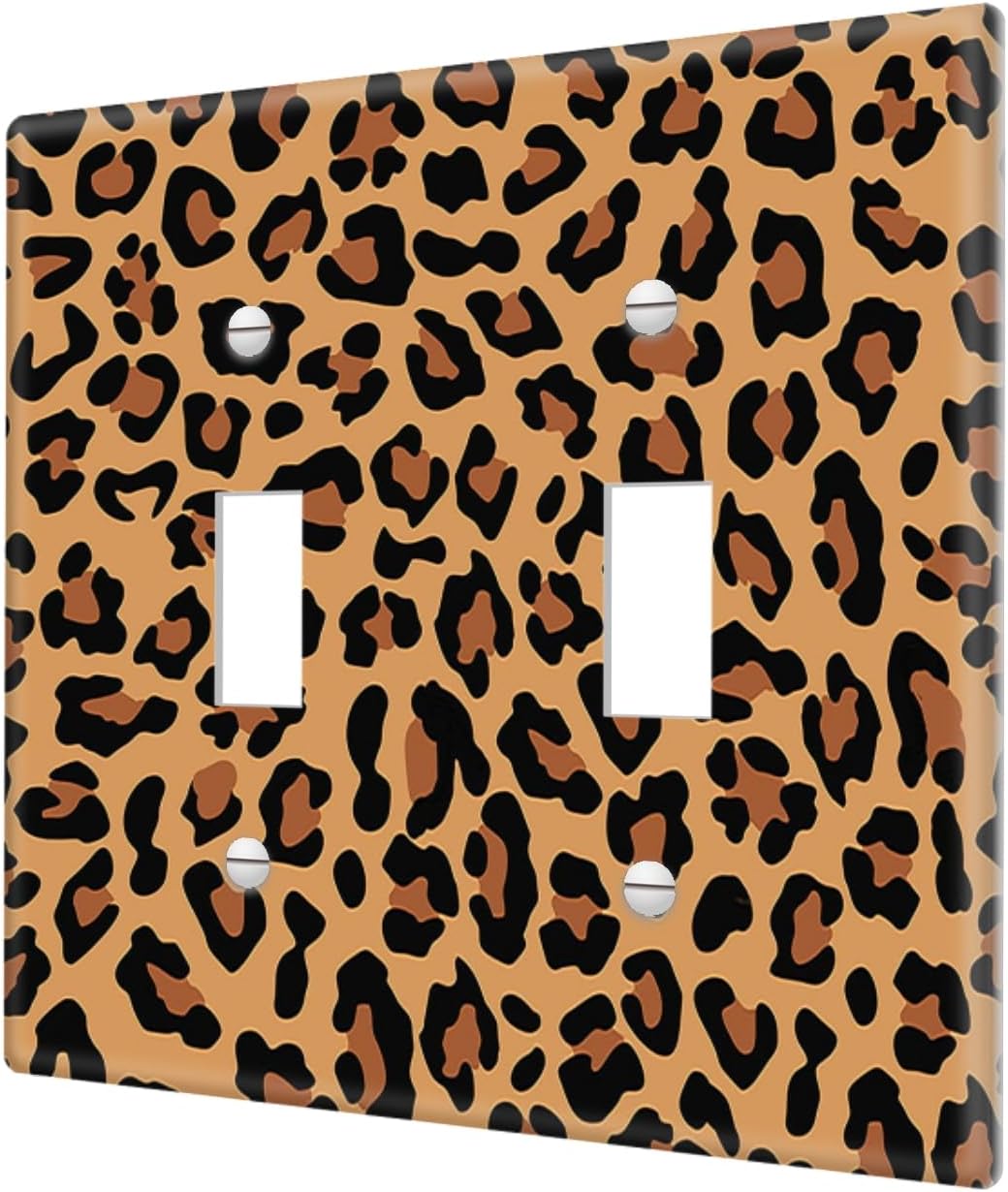 2 Gang Wall Plate Cover Brown-Black Leopard Spot Decorative Switchplate Double Toggle Electrical Faceplate Light Switch Covers for Bedroom Bathroom Decor