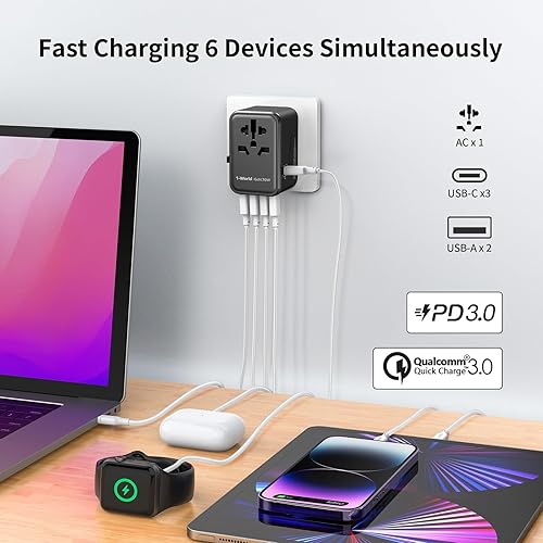 Miniatura 9 de MOMAX Adaptador de viaje universal adaptador de enchufe de viaje GaN de 65 W con enchufes UKEUAUUS cargador adaptador internacional 3USB-C PD y