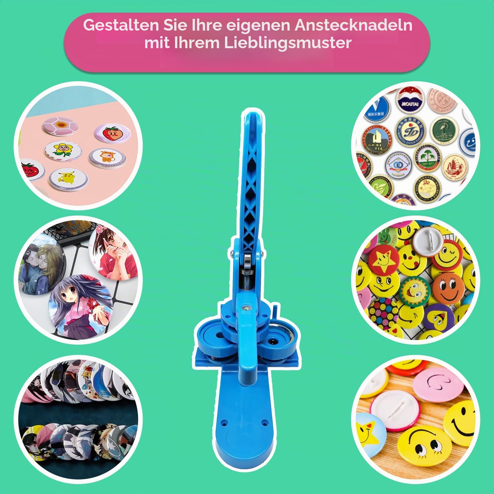 25/32/58mm Buttonmaschine Knopfmachermaschine, 3 in 1 Button Badge Press Maschine Mehrere Größen, inkl. 300 Zubehör & Kreisschneider, Kinder DIY Gift Pin Maker (Blau)