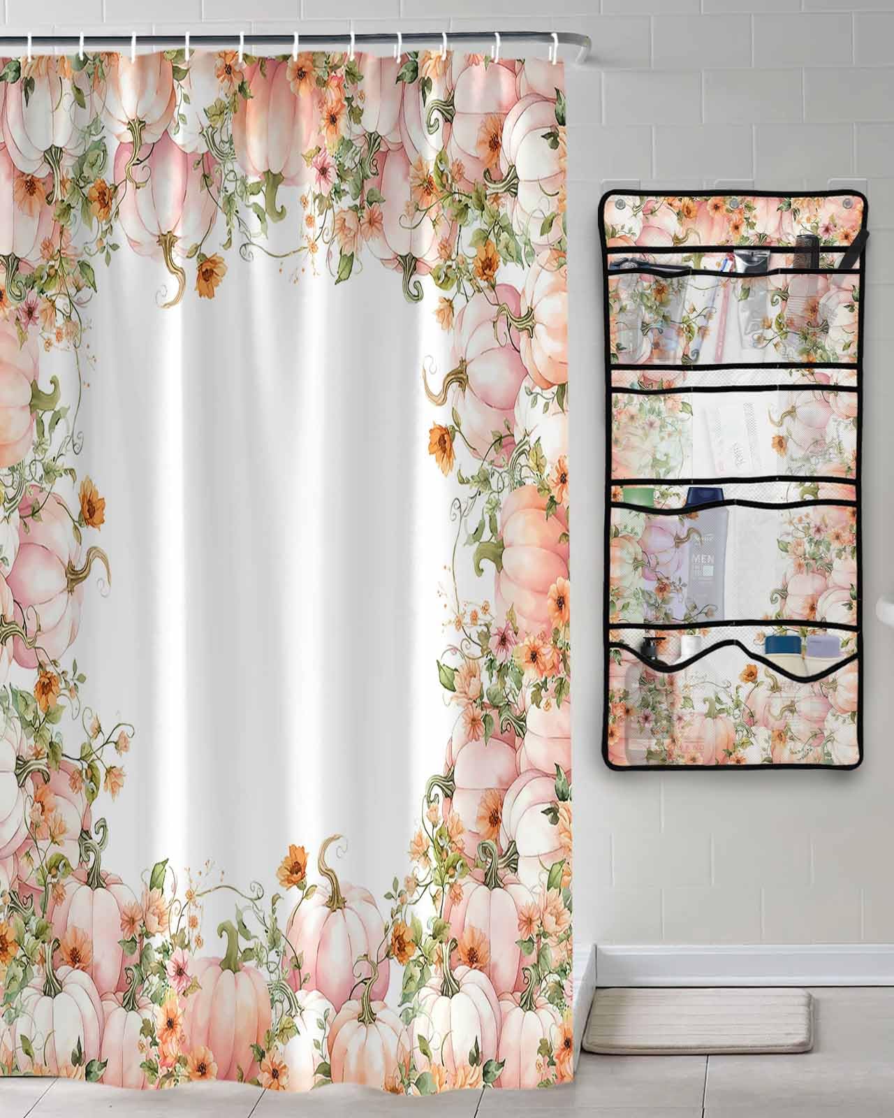Shower Curtain Mesh Shower Organizer Hanging Set Thanksgiving Pink Pumpkin Fall Sunflower Waterproof Shower Curtains with 10 Pockets