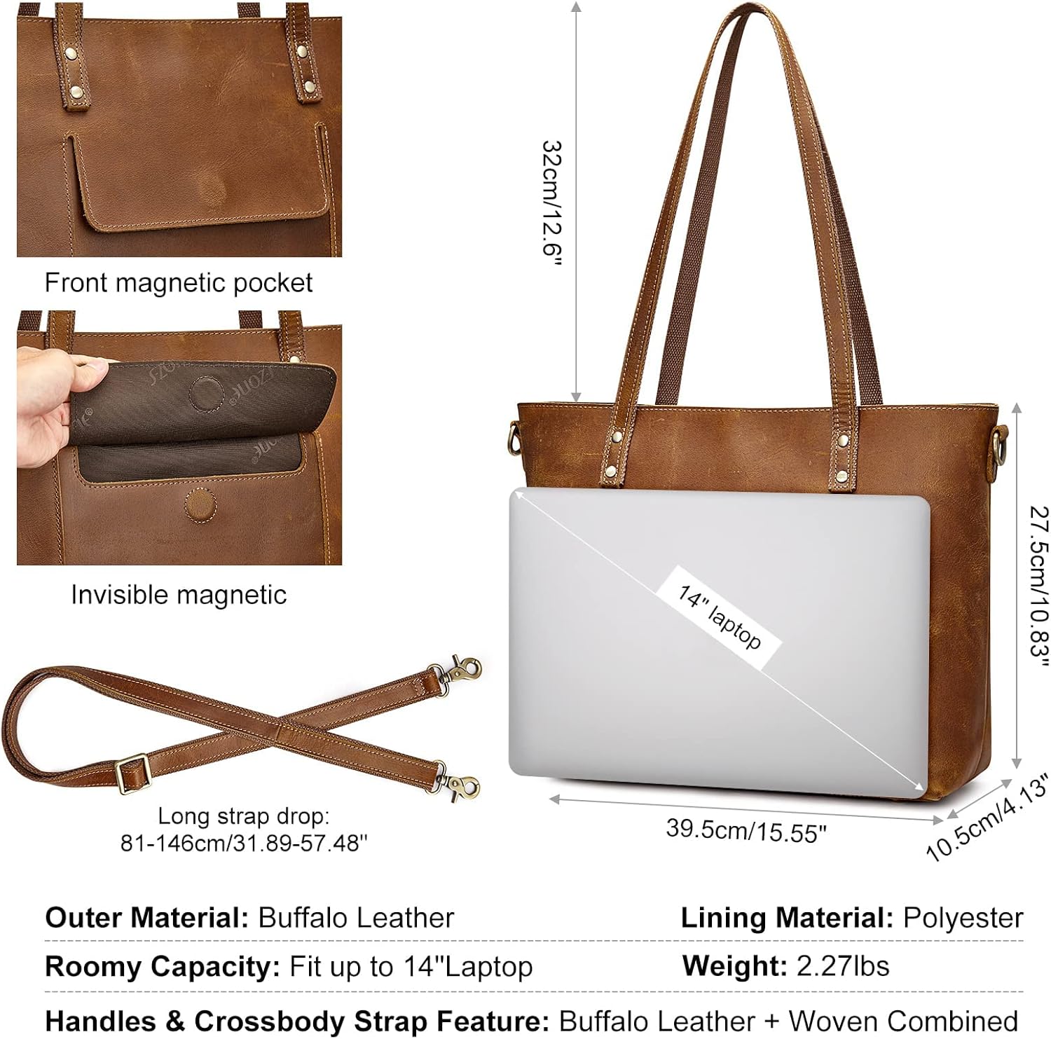 S-ZONE Women Genuine Leather Tote Bag Shoulder Handbag Vintage Crossbody Purse with Clutch Bag