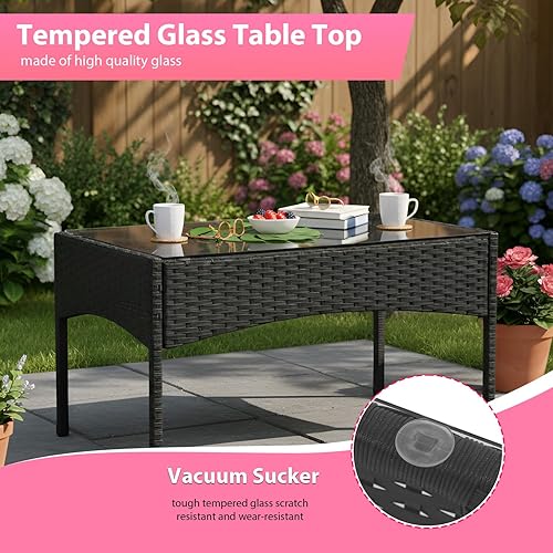 Miniatura 45 de FDW Juego de 3 sillas de mimbre marrón para patio, muebles de exterior, 2 sillas de ratán con cojines rojos y mesa de centro de cristal para porche