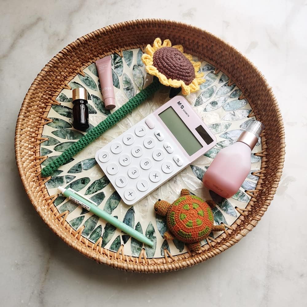 13 Inch Round Rattan Woven Tray Basket with Beige Dark Green MOP Flat Bottom, Boho Wicker Coffee Table Serving Tray Décor Circle with 2 Inch Wall, Handmade Display Basket for Dining Room, Exxacttorch