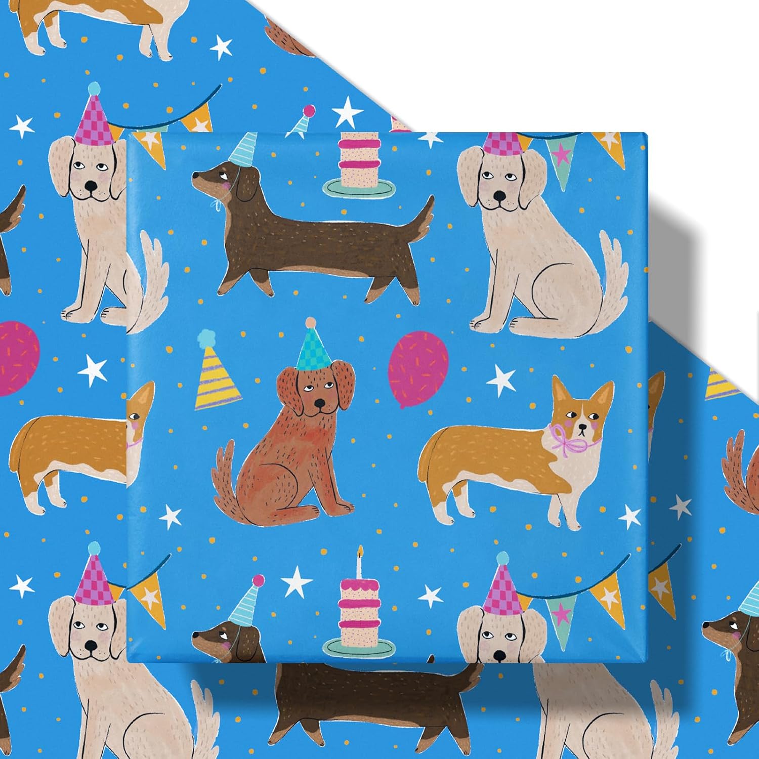 RUSPEPA Dog Birthday Wrapping Paper Roll for Boys, Mini Roll, Cute Cartoon Dog with Party Hats, Cakes and Balloons Design, Blue Gift Wrap for Kids, Pet Lovers, Pet Birthday, 17 Inches x 16.4 Feet image 2