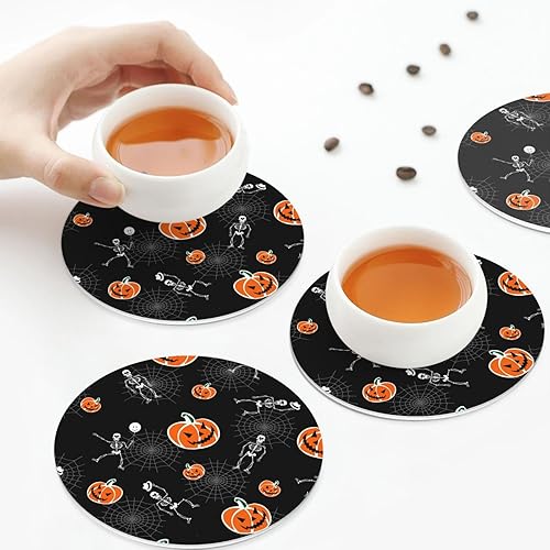 Miniatura 6 de Juego de 6 posavasos de esqueleto de calabazas de Halloween para bebidas, posavasos de piel sintética absorbente para mesa auxiliar, decoración del