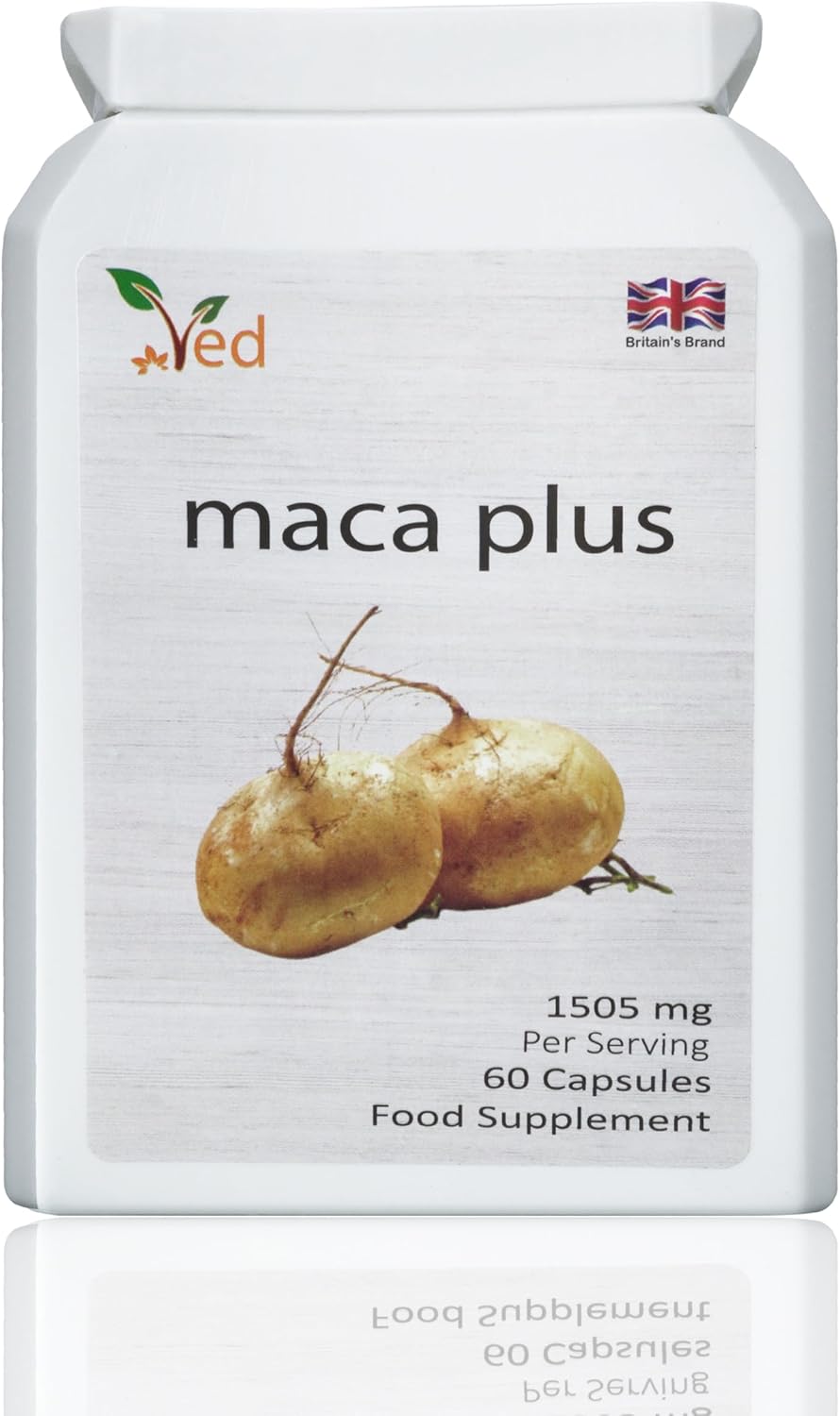 Ved Organic Maca Root Black, Red, Yellow 1505 mg per Serving 60 Capsules Peruvian Maca Root Gelatinized 100% Pure Non-GMO Supports Reproductive Health Natural Energizer (30 Days Supply).
