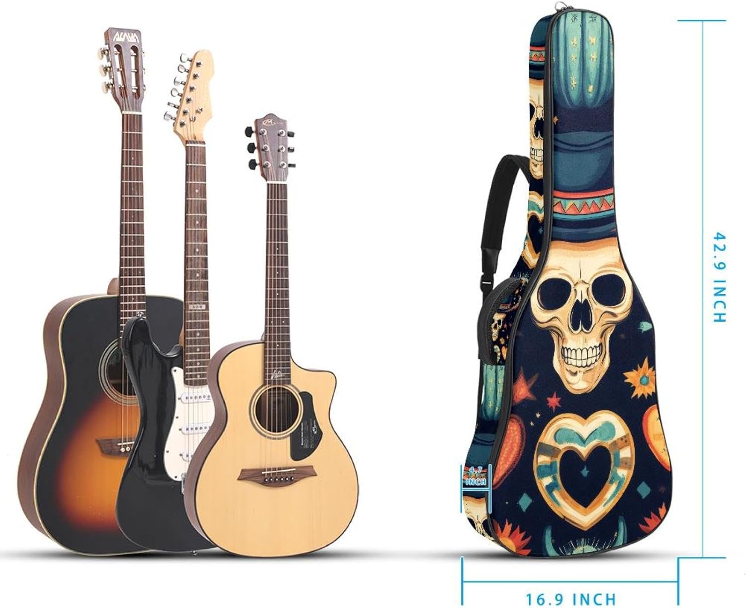 Skull in Mexican Hat and Western Cactus Heart Acoustic Guitar Gig Bag, 1 cm Thick Padding Waterproof Guitar Bag Backpack for 40 41 42 Inch Electric Bass Classical Guitars