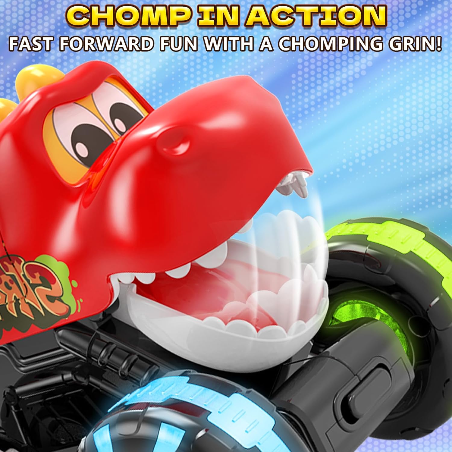 Intoypad Red Chomping Dino Monster Truck Toy – Press and Go Car with LED Light Wheels – Light-Up Push Car for Toddlers Boys Girls Ages 2 3 4 5 – Dinosaur Toy with Moving Mouth Action