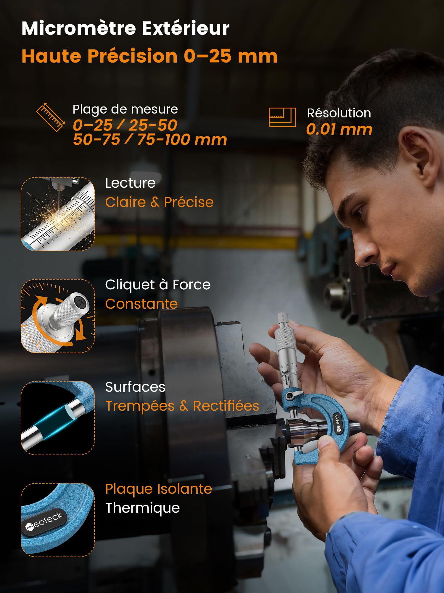 Neoteck Micromètre Extérieur Mécanique 0-100 mm – Kit 4 Pièces 0-25/25-50/50-75/75-100 mm Précision 0,01 mm avec Cliquet, Faces en Carbure, Ét alons 25/50/75 mm – Pour Usinage & Atelier Professionnel