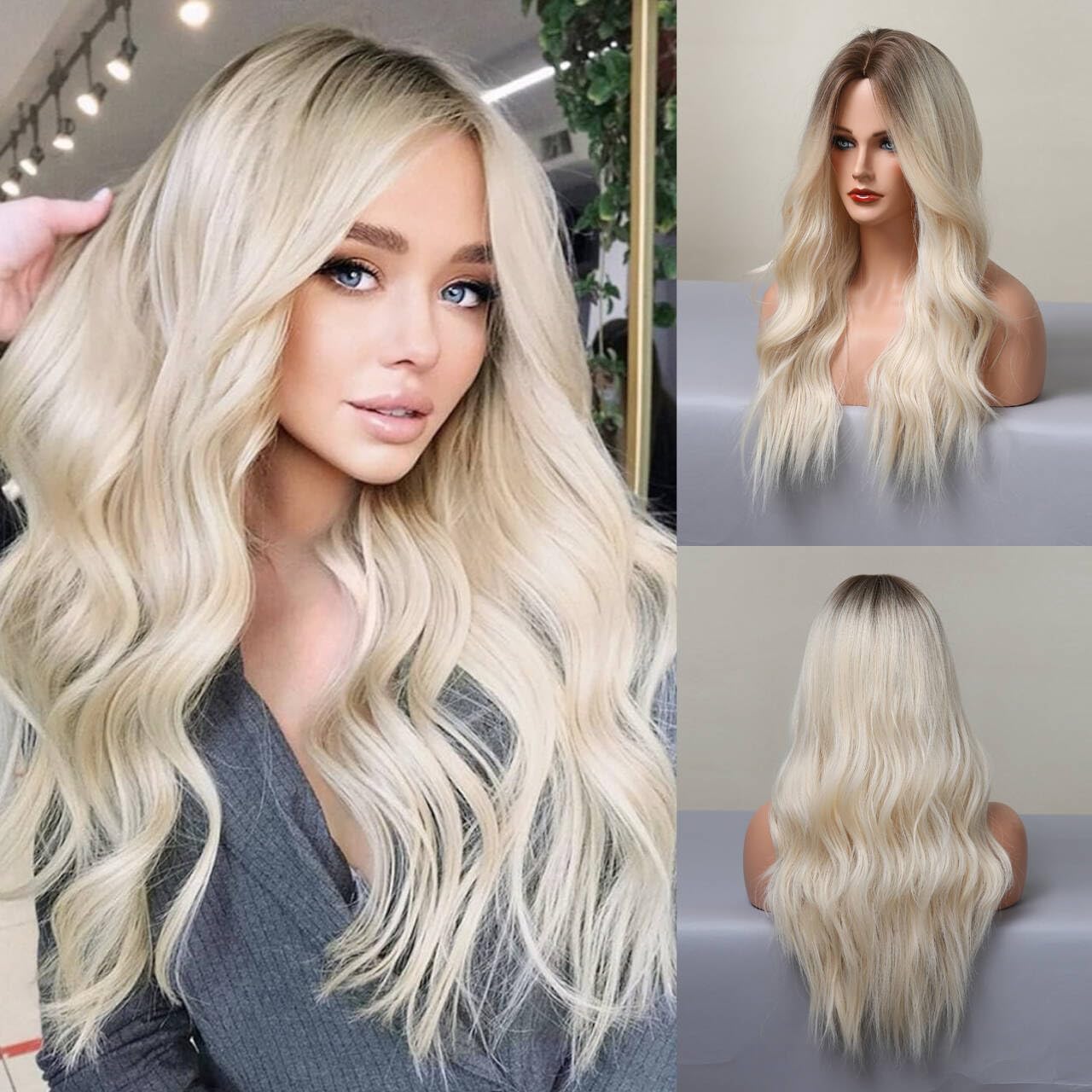 Long Blonde Wigs for Women Synthetic Curly Wavy Hair Wig for Daily