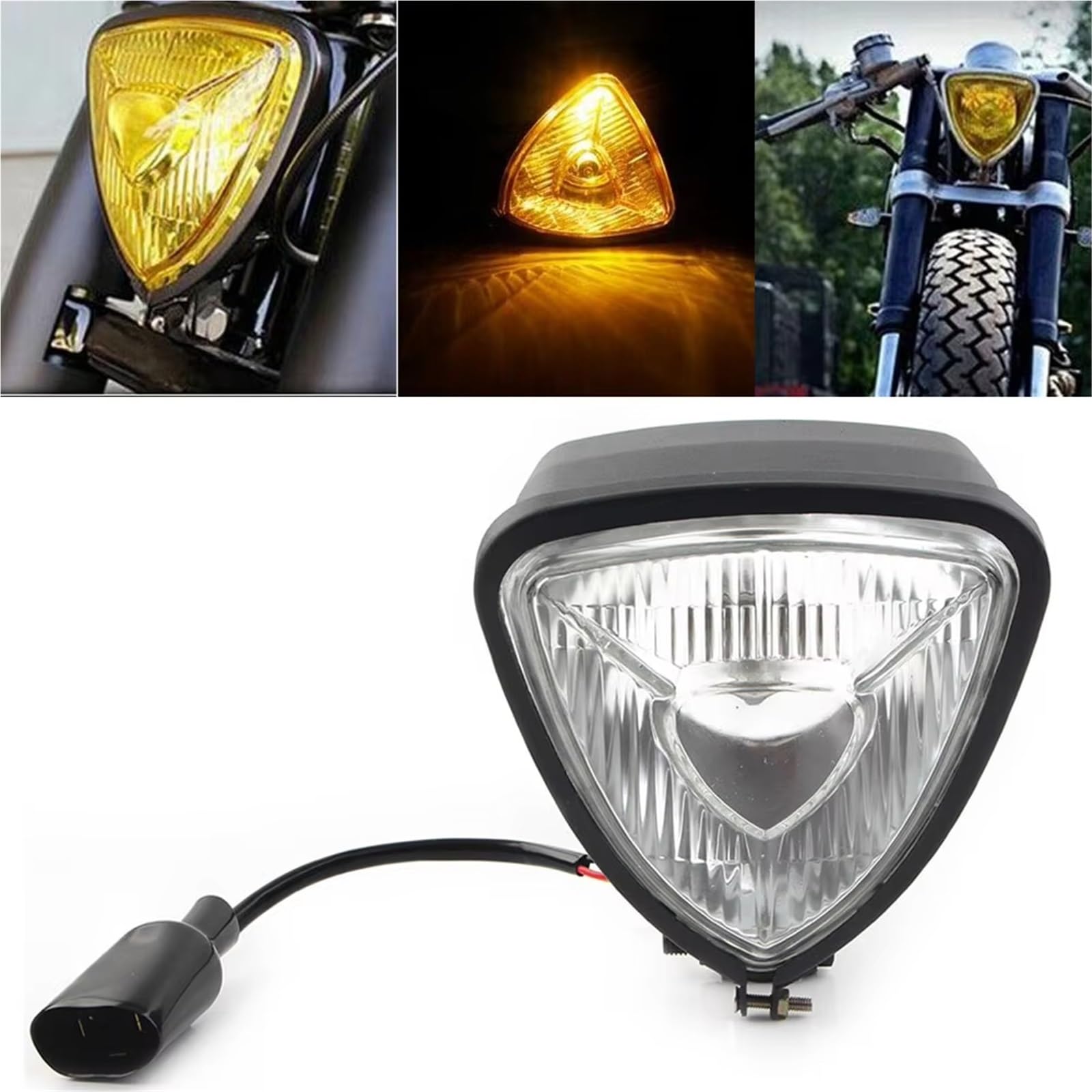 Feux Avant Moto pour Chopper pour Bobber pour Custom pour Cafe pour Racer Phare Avant Triangulaire 12 V pour Moto Phare Avant Moto(Amber)