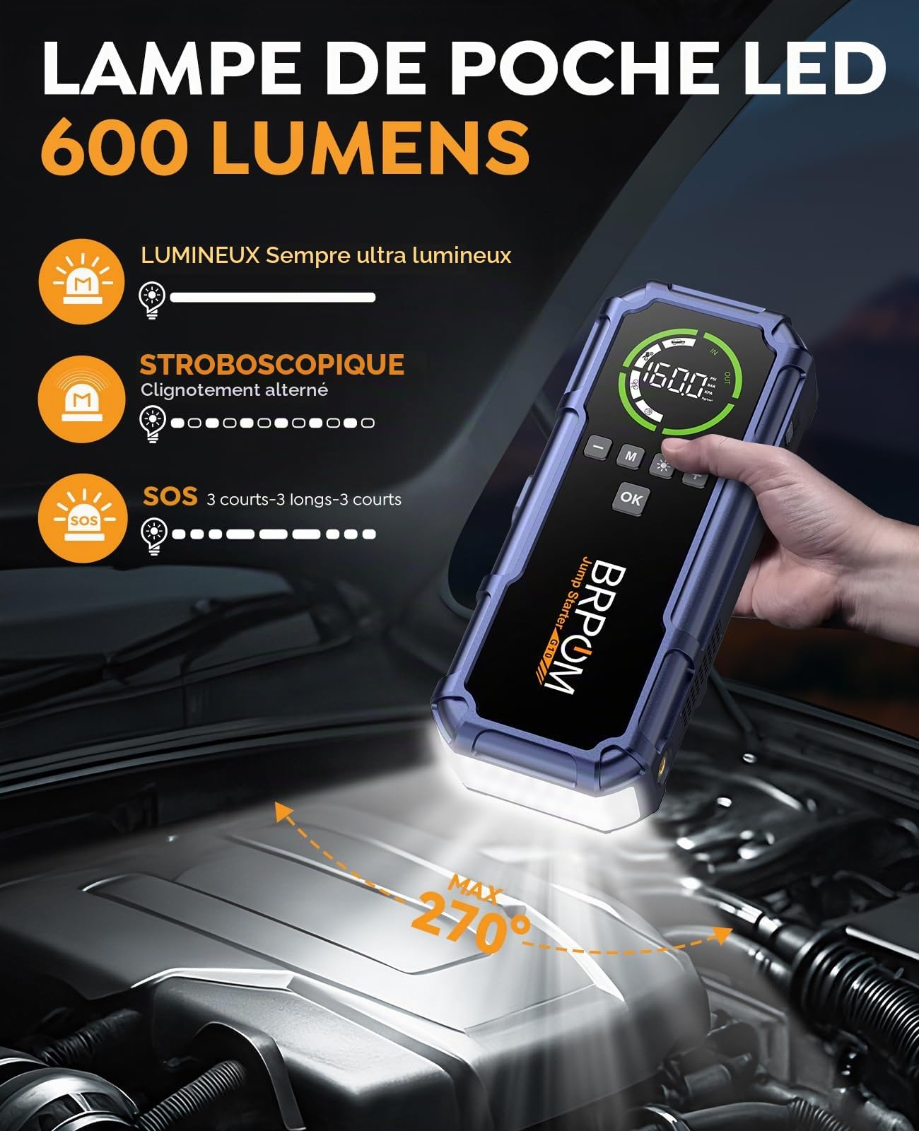 BRPOM Booster Batterie Voiture avec Compresseur 160 PSI, Démarreur Portable 12 V 9000A pour Moteurs Essence et Diesel Jusqu’à 10 L, Jump Starter, Gonfleur Pneus, Écran LCD, LED 600 LM