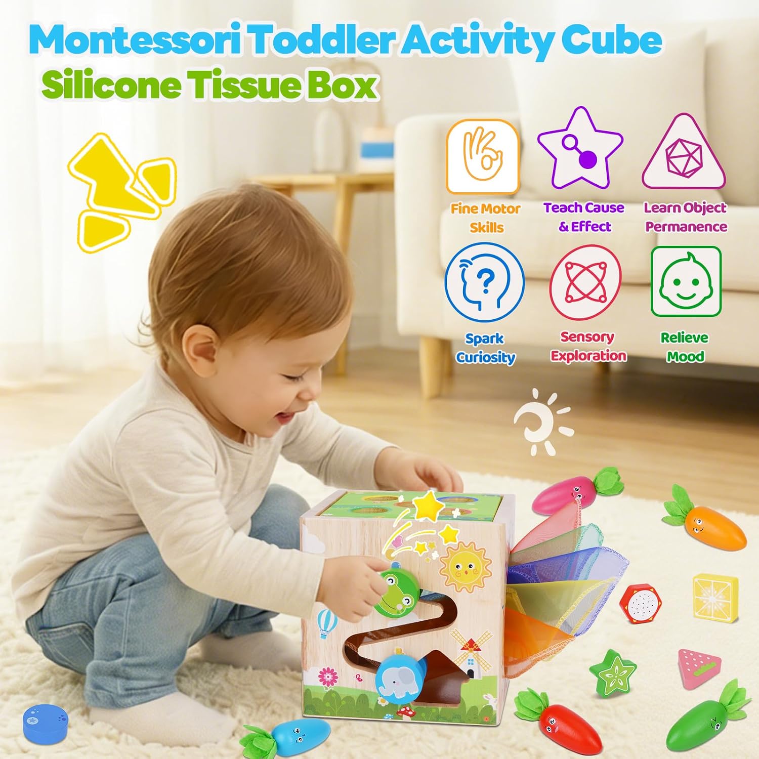 KMTJT Wooden Activity Cube with Baby Tissue Box Toy - Montessori Toys for 1 2 3 Year Old Toddlers, 1st First Birthday Gifts for 12+ Months Baby Boys Girls | Bonus Sorting & Stacking Game