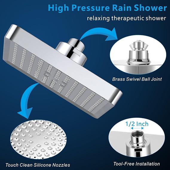 Voolan High Pressure Rain Shower Head - Luxury Modern Look - The Adjustable Replacement For Your Bathroom Showerhead - 6 Square High Flow Pressure Boosting Showers (Chrome)