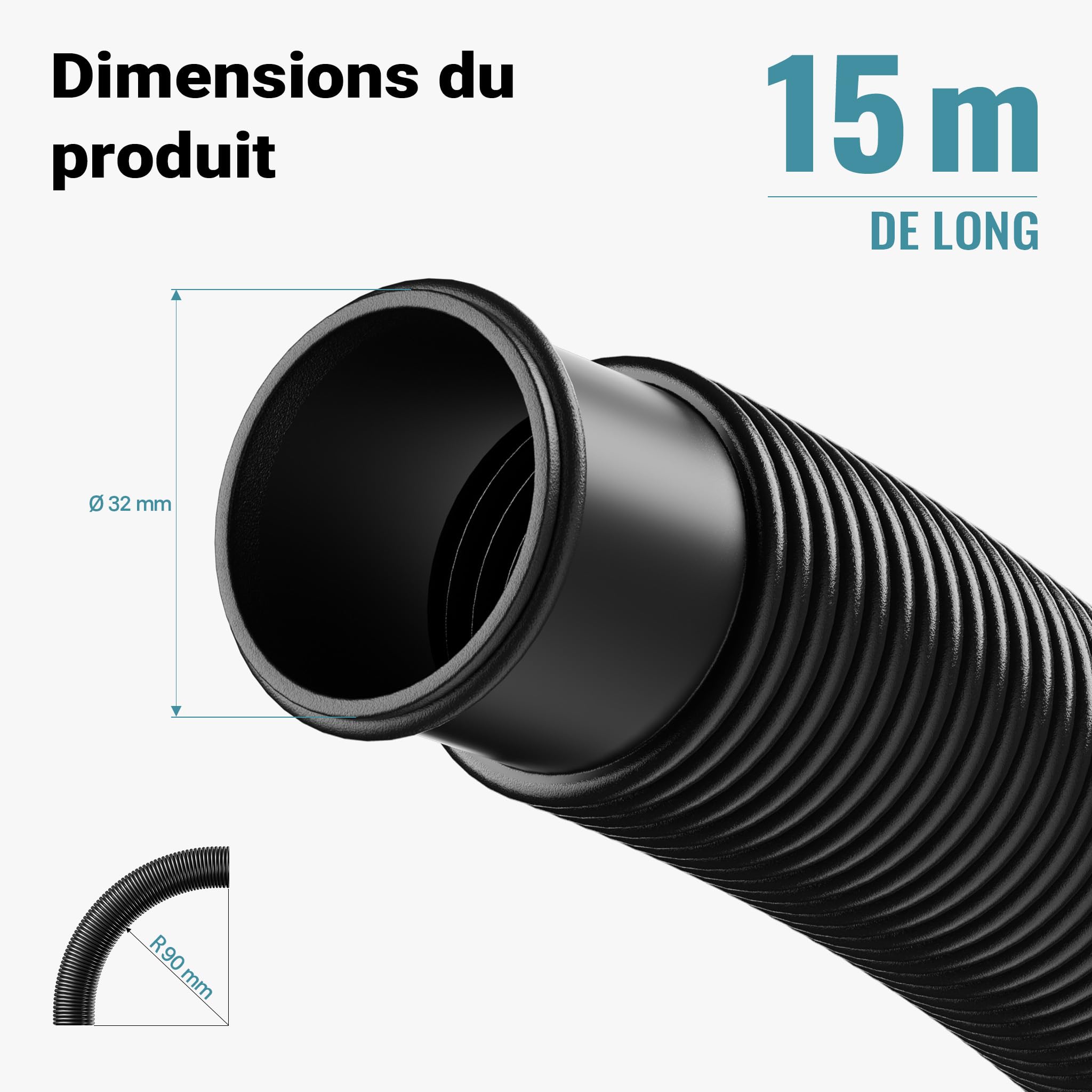 Wiltec Tuyau piscine noir – 15 m de long, Ø 32 mm – Tuyau solaire flottant à sections préformées – 165 g/m – made in Europe – Boyau d’aspiration solaire