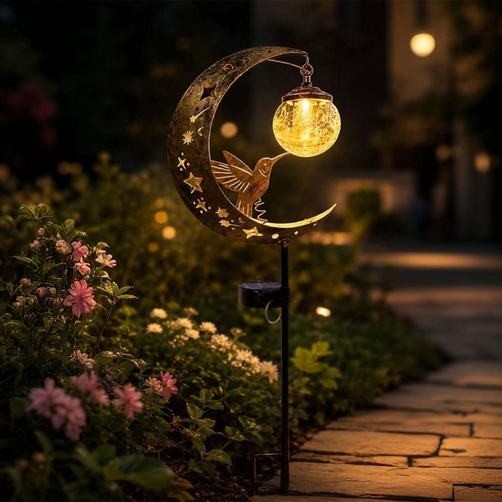CLBDRESS Hummingbird Moon Solar Garden Stake Light Waterproof Half Moon LED Pathway Decor Crackle Hanging Glass Globe Ball Metal Crescent for Outside Yard Patio Lawn Outdoor Decor