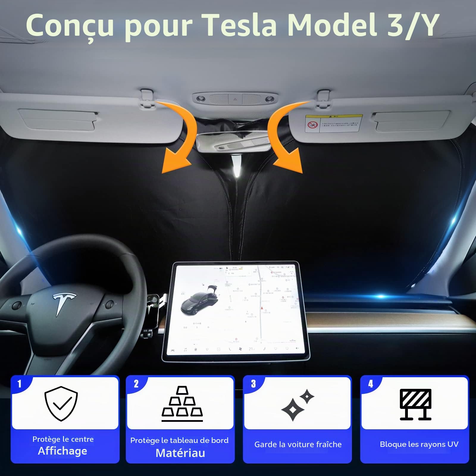 Pare-Soleil Pliable pour Tesla Model 3/Y (Mise À Jour 2026) – Pare-Brise Avant, Tissu Opaque Double Couche, avec Sac De Rangement – Accessoire pour Tesla Model 3 Model Y 2019-2026