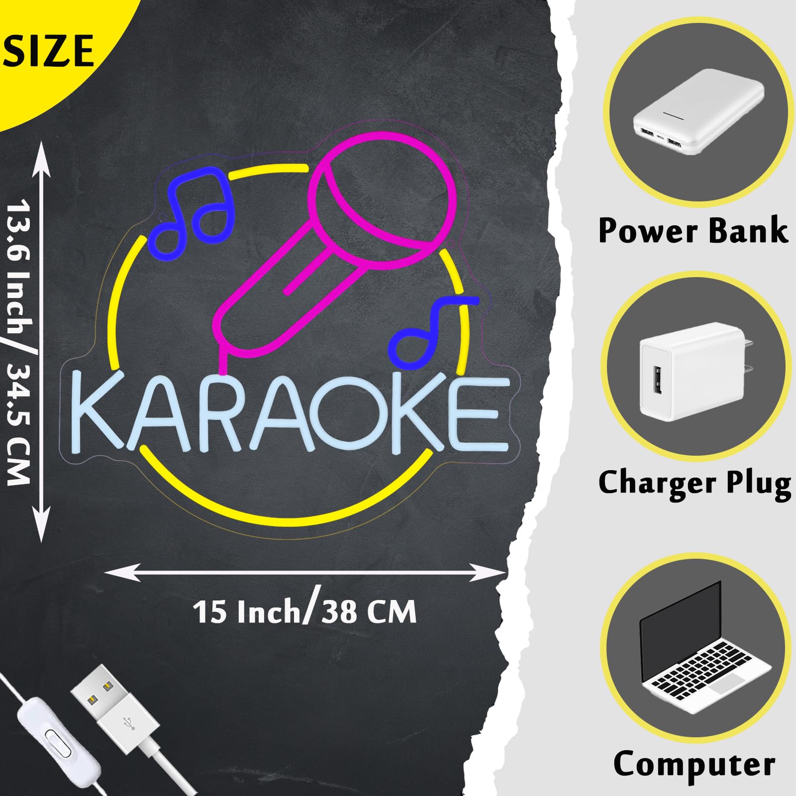 Insegne al neon per karaoke, decorazione da parete, insegna al neon a LED per uomo, grotta, sala giochi, musica, bar, pub, karaoke, feste, regali di compleanno (5 V, 34,1 x 38 cm)