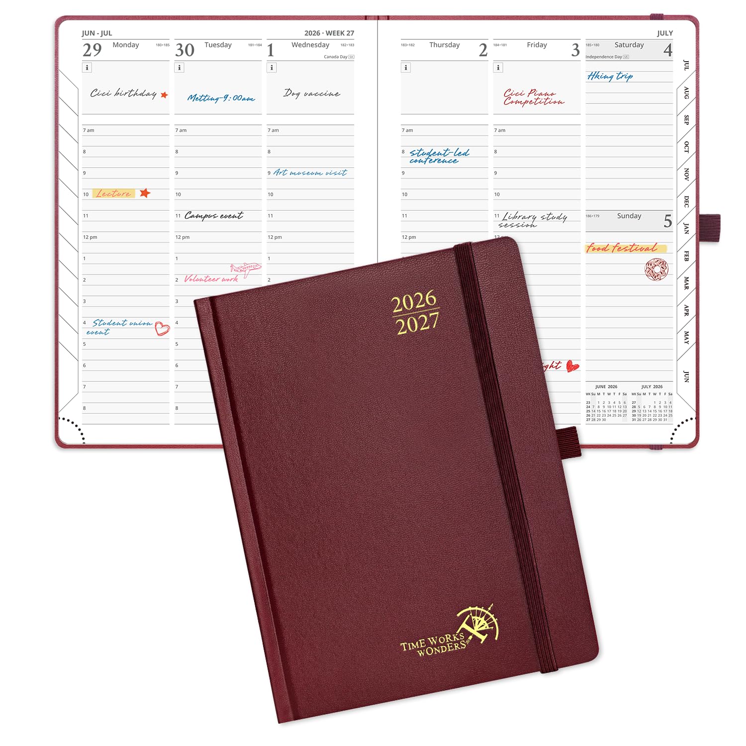POPRUN 2026-2027 Academic Planner, 6.5" x 8.75", Weekly and Monthly Calendar, July 2026 to June 2027, Hardcover Appointment Book with Verital Layout, Hourly Time Slots, Monthly Tabs - Burgundy