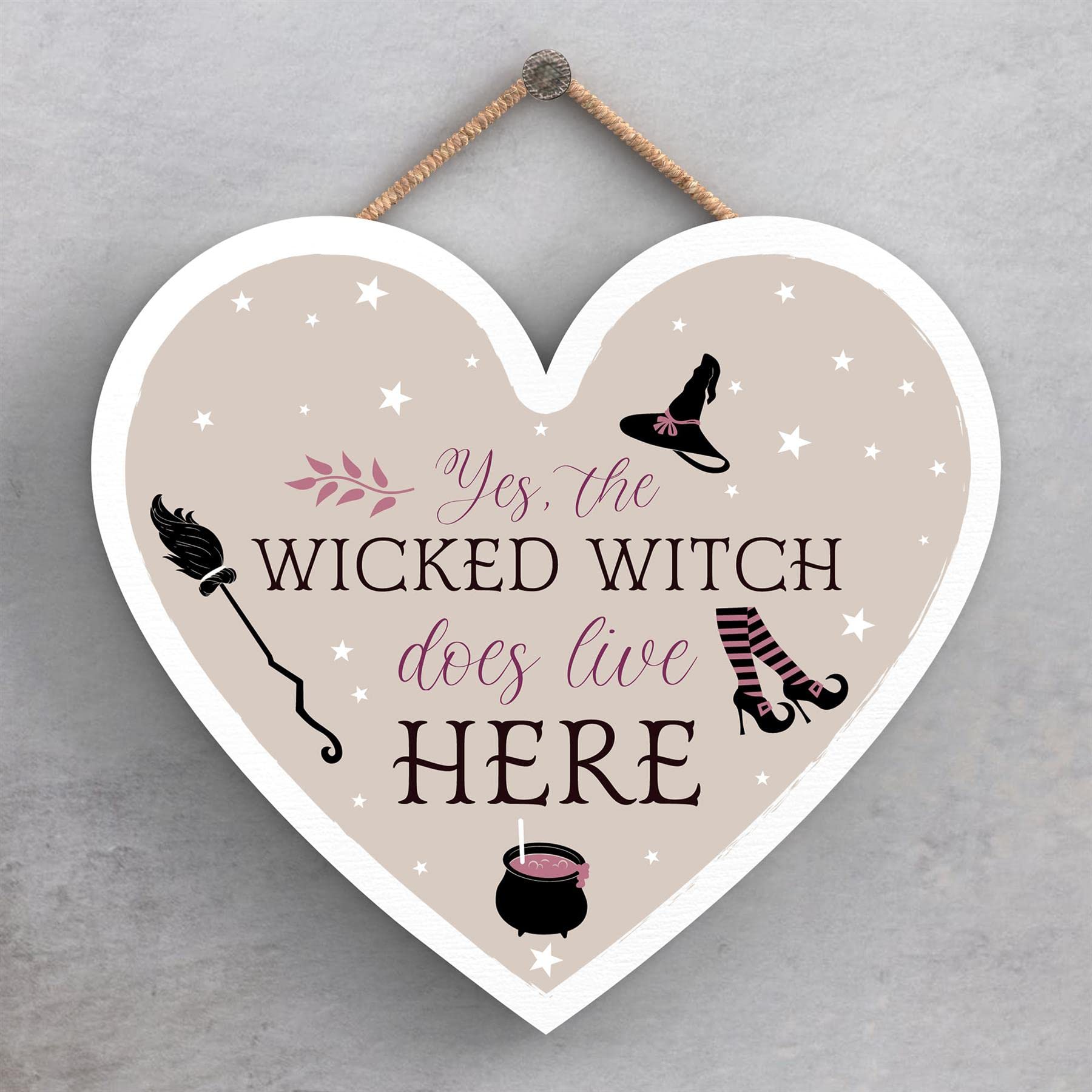 Global Designs White Grain With Uv Print Wicked Witch Heart Shaped Witchcraft Themed Halloween Wooden Hanging Plaque