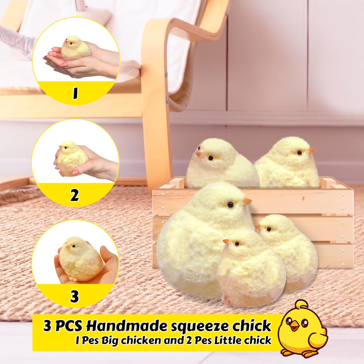 Handmade Taba Squishy,1 Pcs Big Chicken and 2 Pcs Little Chick, Silicone Fuzzy Squeeze Squishies for Adults to Relieve Stress (3 Pcs)