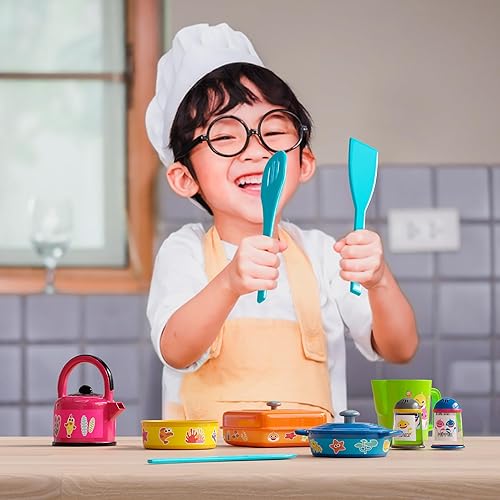 Miniatura 8 de Lollipop Baby Shark Cooking Adventure Set - Juego de cocina con ollas, sartenes, utensilios, taza medidora, tetera de té, sal y pimentero, gran