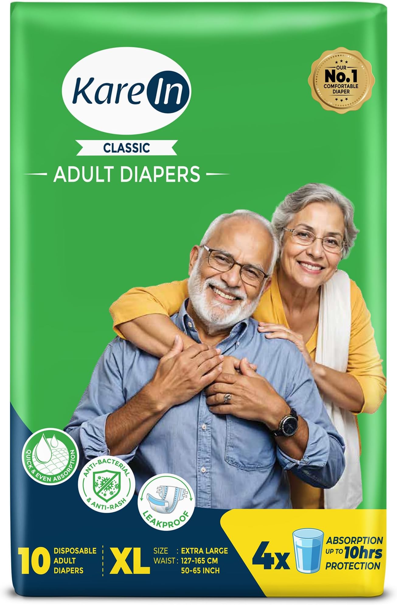 KareIn Classic Adult Diapers, Extra Large, Waist Size 127-165 Cm (50"-65"), 10 Count, Tape Style, Unisex, High Absorbency, Leak Proof, Wetness Indicator