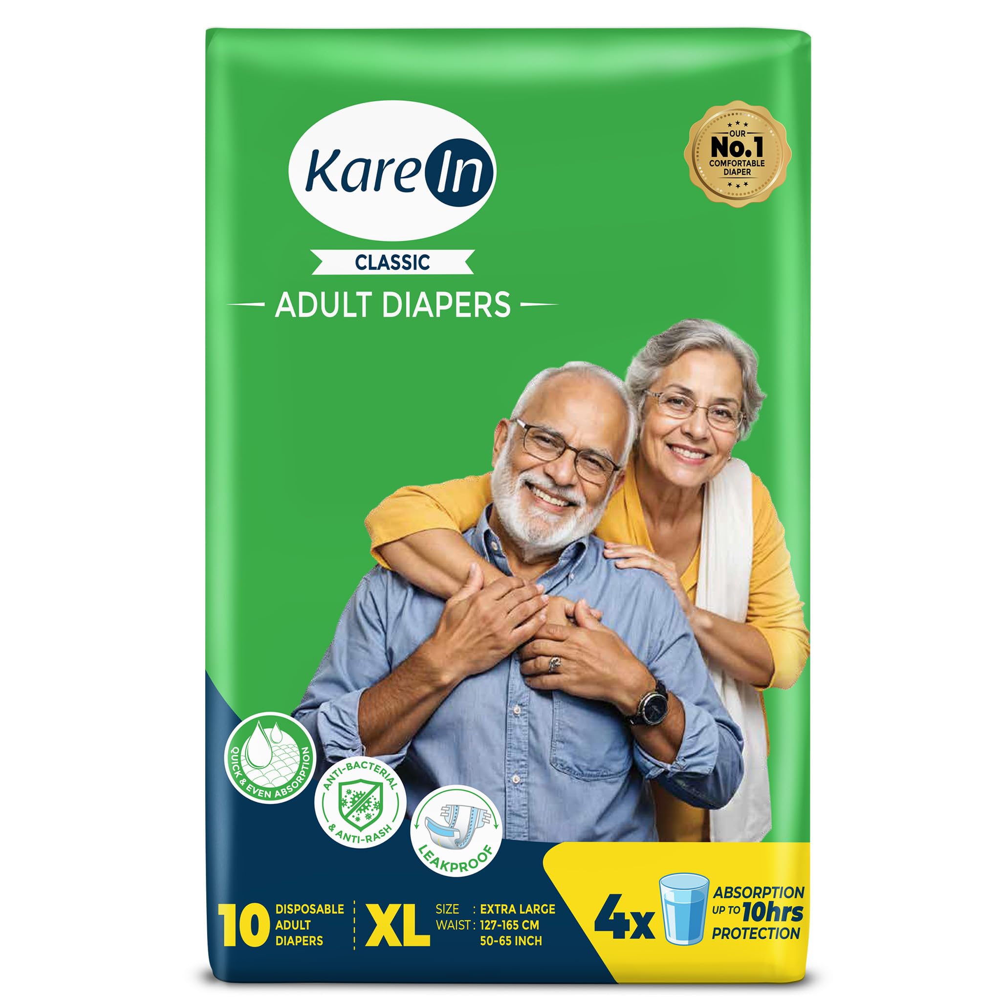 KareIn Classic Adult Diapers, Extra Large, Waist Size 127-165 Cm (50"-65"), 10 Count, Tape Style, Unisex, High Absorbency, Leak Proof, Wetness Indicator
