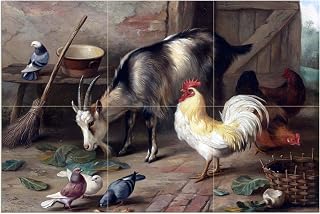 Tile Mural Farm Ranch Backyard Birds Cock Goat Pigeons Broom by Walter Hunt Kitchen Bathroom Shower Wall Backsplash Splashback 3x2 4.25" Ceramic, Glossy