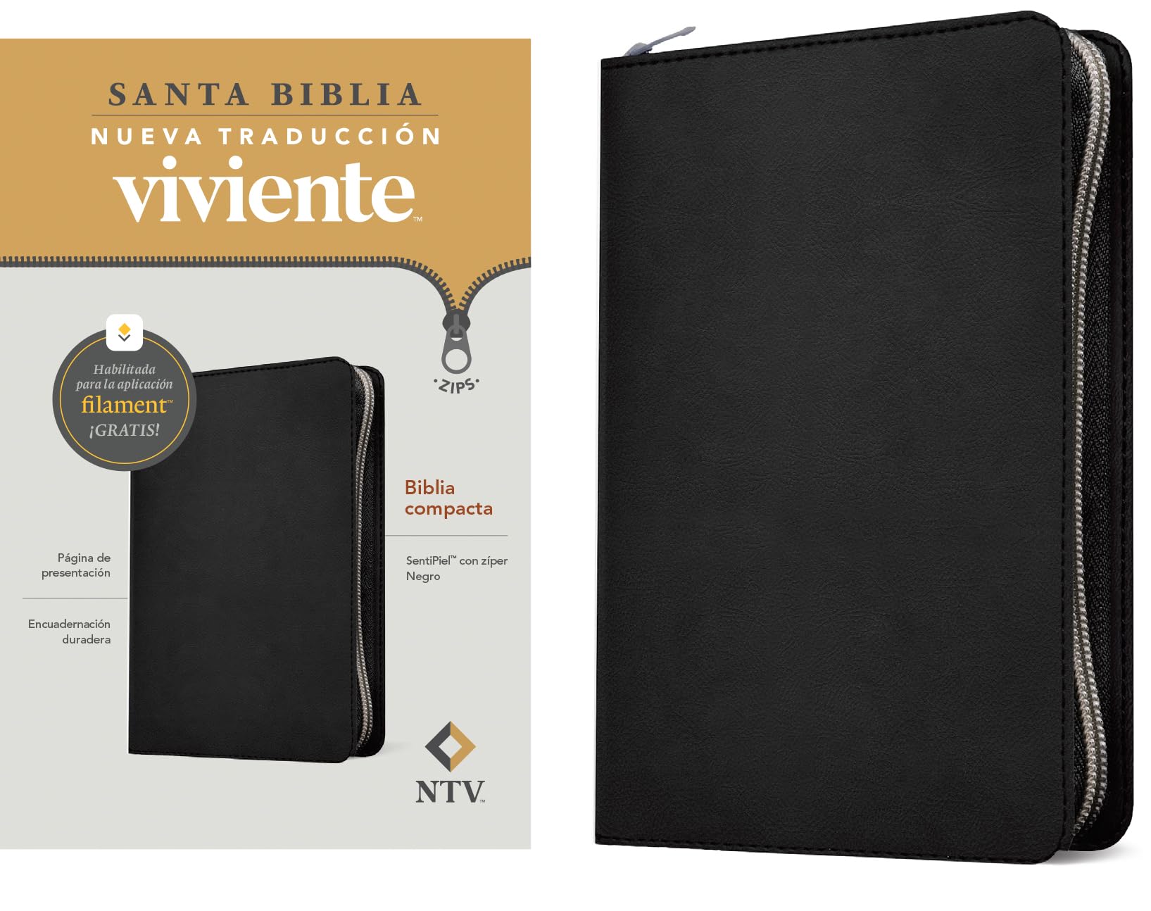 Biblia compacta NTV de zíper, con Filament (SentiPiel, Negro)