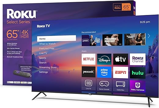 Roku Smart TV 2025 β 65-Inch Select Series, 4K HDR TV β RokuTV with Enhanced Voice Remote β Flat Screen LED Television with Wi-Fi for Streaming Live Local News, Sports, Family Entertainment