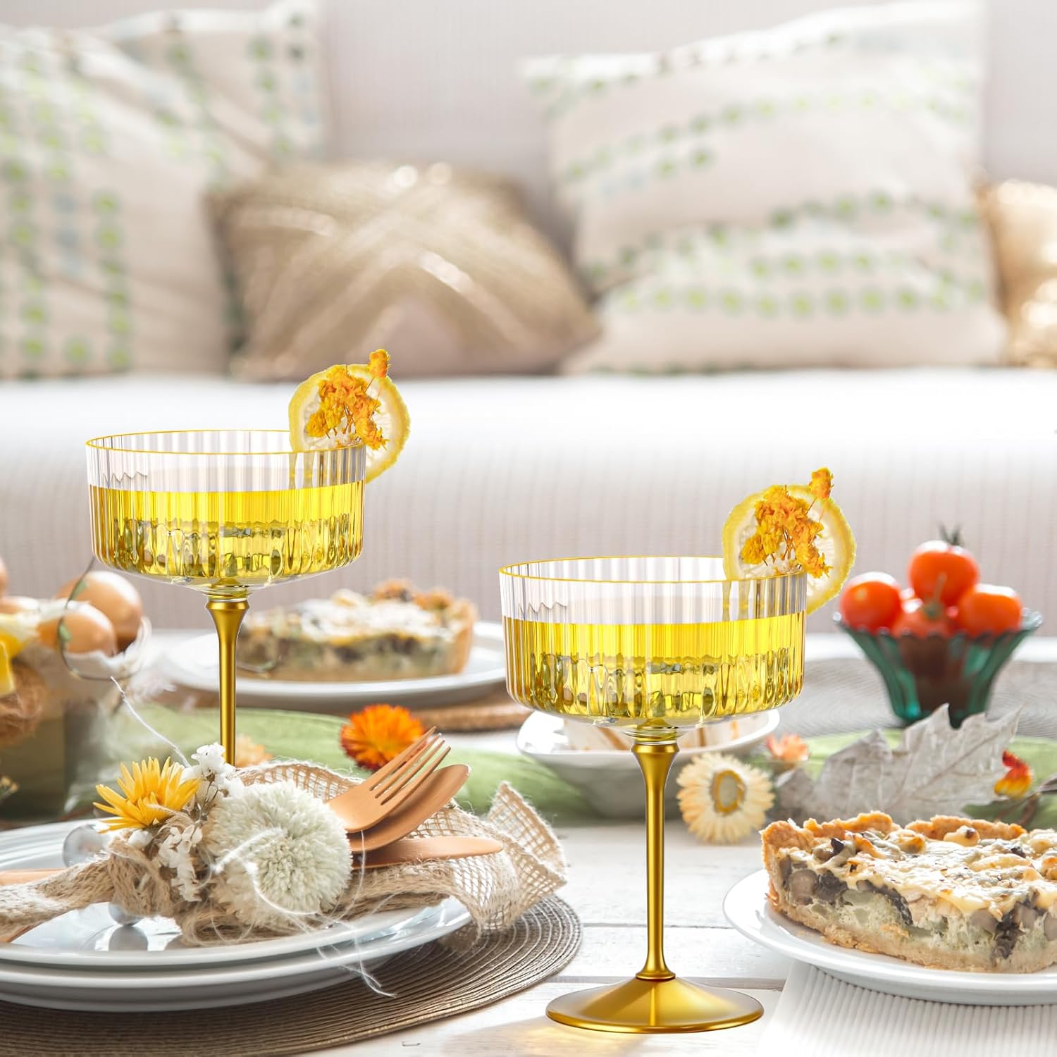 12 PCS Ribbed Coupe Glasses with Gold Stem Clear Plastic Champagne Coupe Cup 10oz Detachable Gold Rim Espresso Martini Glass Vintage Margarita Glassware Cocktail Glass for Christmas - Image 8