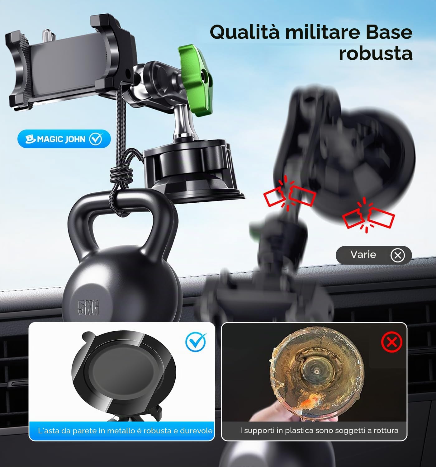 MAGIC JOHN Supporto per telefono da auto, girevole a 360°, forte aspirazione e morsetto stabile, per iPhone per Samsung, auto per smartphone da 4 a 7" (lungo)