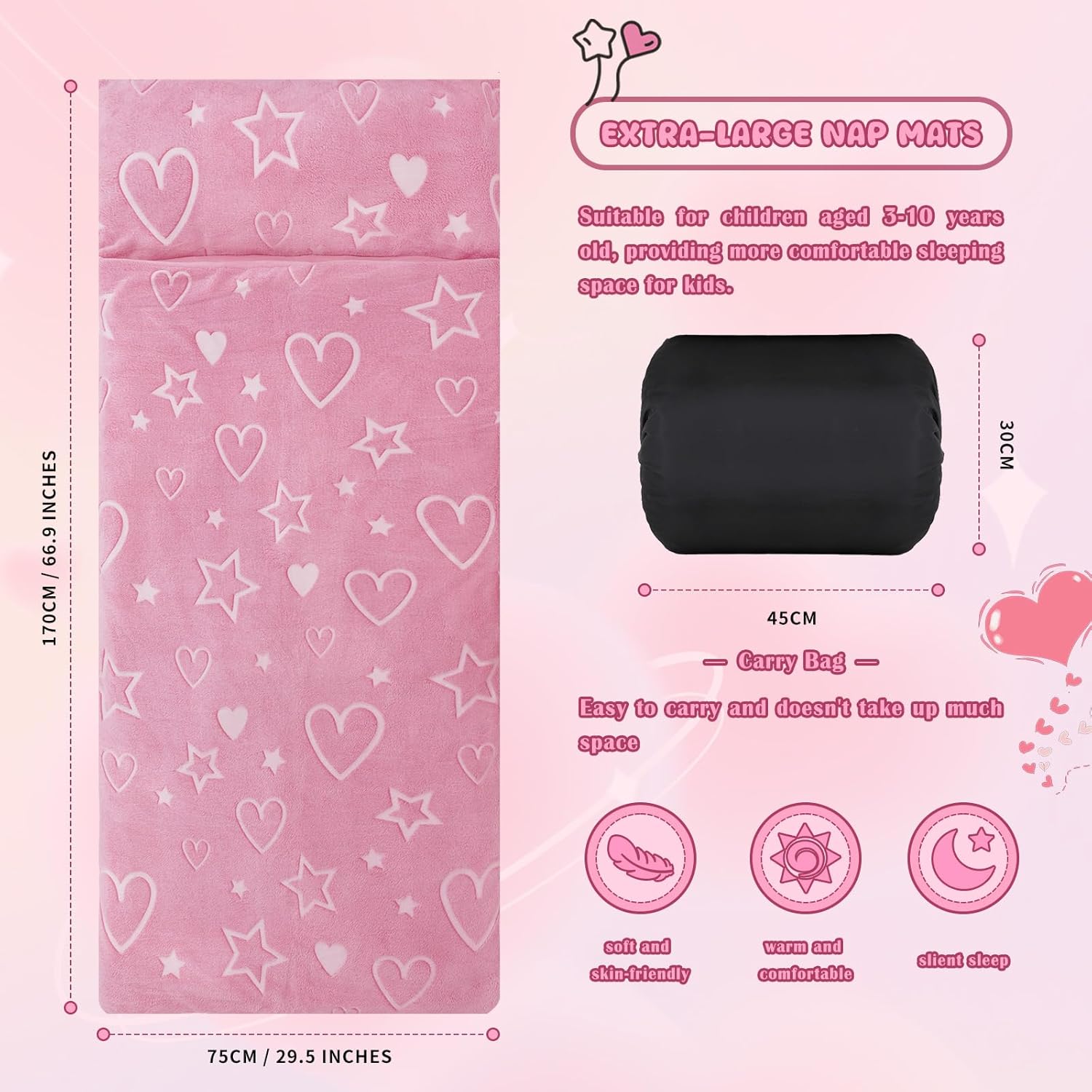 Kids Sleeping Bag Soft Plush Glowing Toddler Nap Mat with Pillow for Boys Girls Large Sleeping Mat for Daycare Preschool Kindergarten