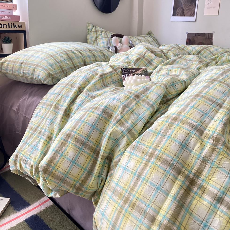 Image of EAVD Multicolor Buffalo Plaid Duvet Cover Queen Soft 100% Washed Cotton Reversible Grid Checkered Plaid Bedding Set Vintage Gingham Duvet Cover with 2 Pillowcases Modern Checkered Bedding Set