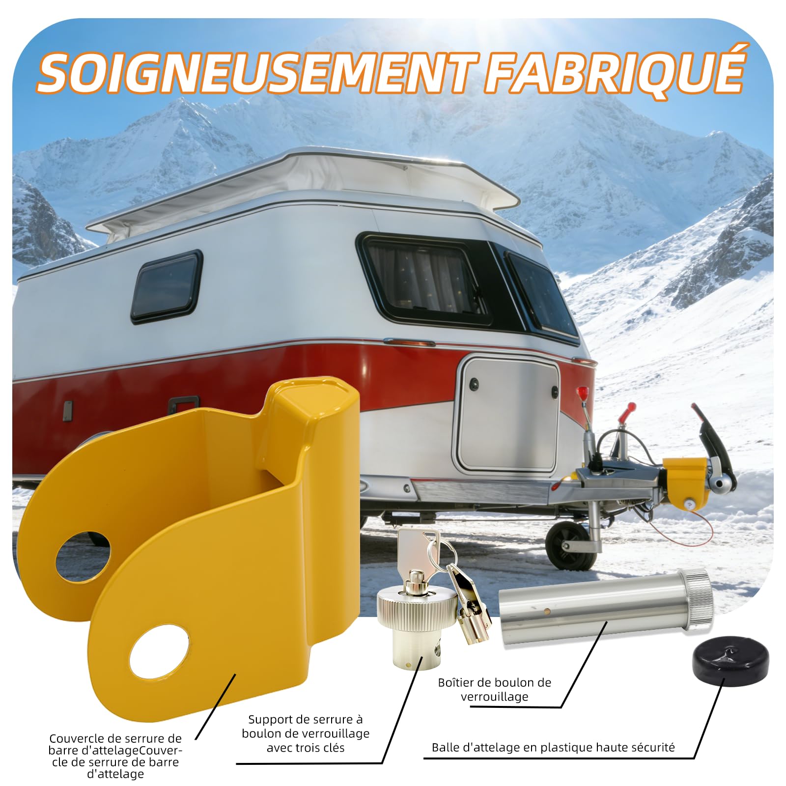 Verrous d'attelage de remorque pour modèles AL-KO AK130, AK160 et AKS1300/2004/3004 avec antivol et attelage stabilisateur, adaptés à la sécurité des caravanes, camping-cars et camping-cars.