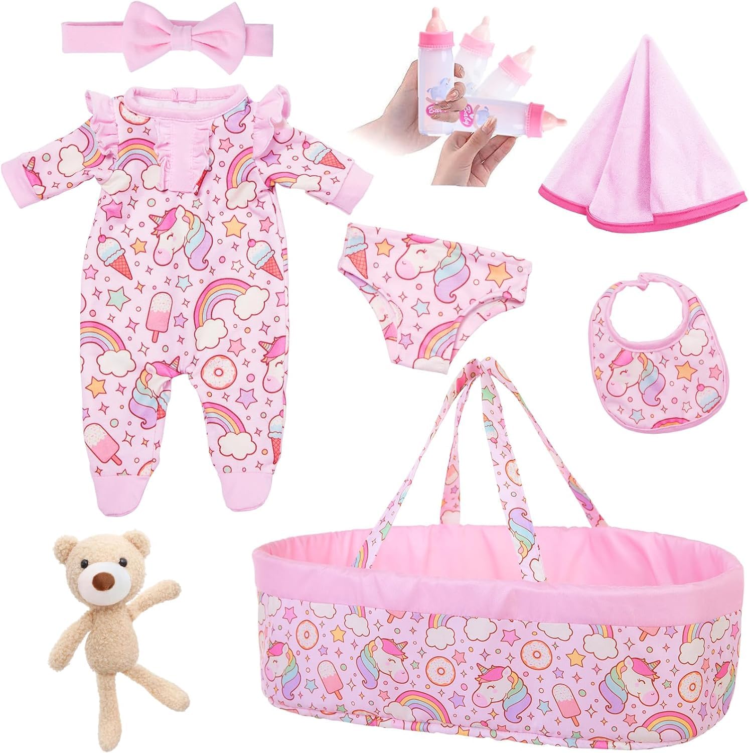 ZITA ELEMENT 8 Pcs Baby Doll Clothes with Bassinet for 16-18 inch Baby Doll Reborn, Baby Doll Accessories Clothes Outfit Including Doll Nursing Bottle Bib Headband with Unicorn Pattern Pink