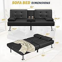 Vista 3 de Furmax Sofá Cama Futón Ajustable Sofá Cama Futón Sleeper para Sala de Estar, Oficina de Negocios, Sofás Reclinables con Portavasos (Cuero PU, Negro)