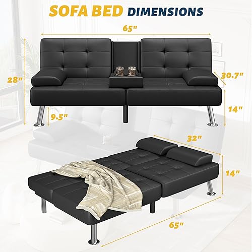 Miniatura 3 de Furmax Sofá cama futón ajustable, sofá cama para sala de estar, oficina de negocios, sofás reclinables con portavasos (piel sintética, negro) Negro