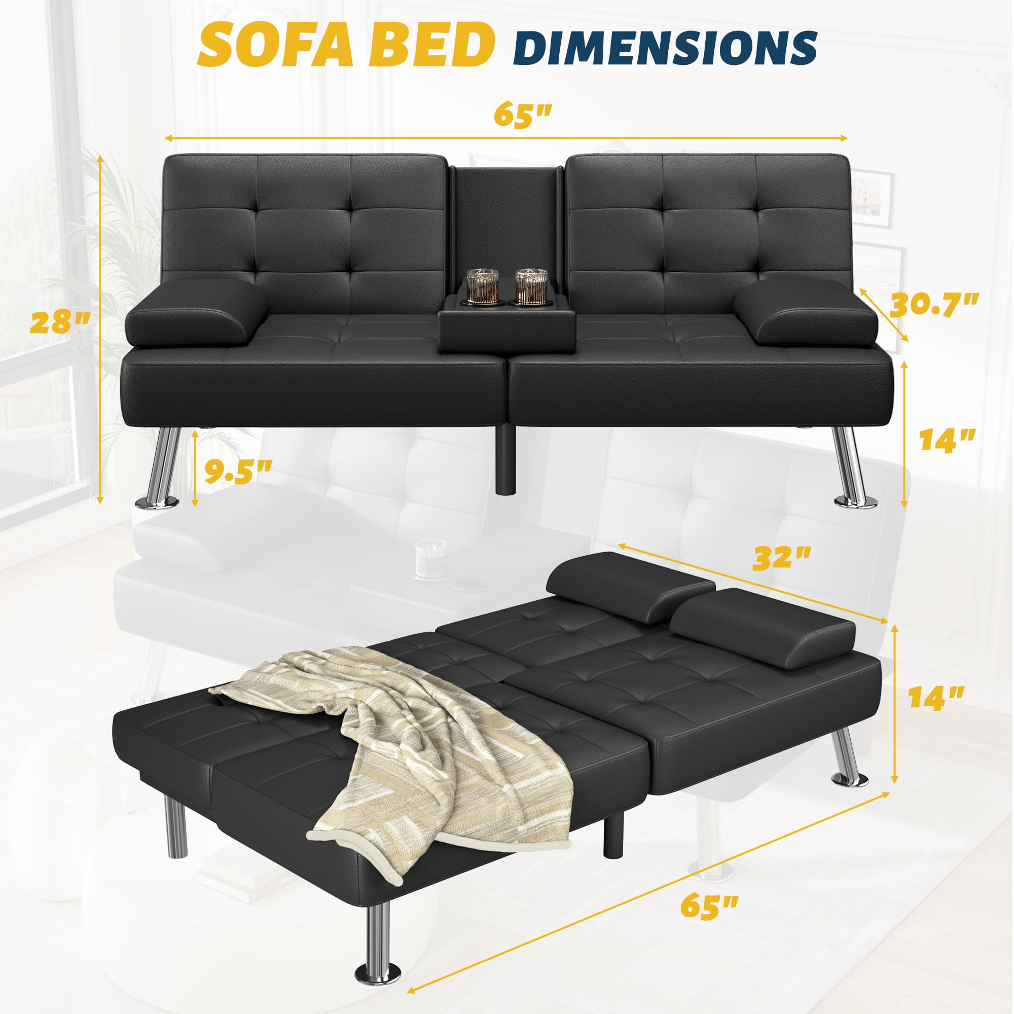 Furmax Leather Futon Sofa Bed, Adjustable Futon Couch for Living Room | Sleeper Sofa Bed with 2 Cup Holders, Reclining Futon Loveseat for Apartment, Business Office & Small Spaces | Black