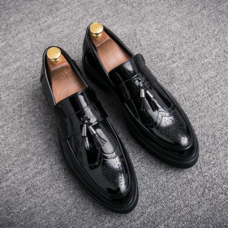 Generic Men's Patent Leather Platform Slip-On Casual Loafers Shoes Fashion Round Toe Tassel Non-Slip Lug Sole Dress Shoes for Party Dating Prom2