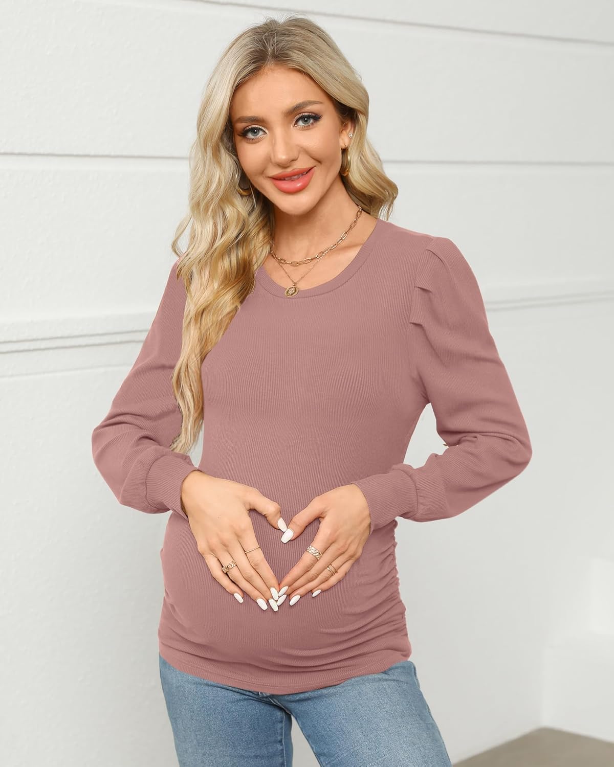 Onedreamer Women's Maternity Shirts Puff Sleeve Round Neck Tunic Top Casual Pregnancy Clothes - Image 2