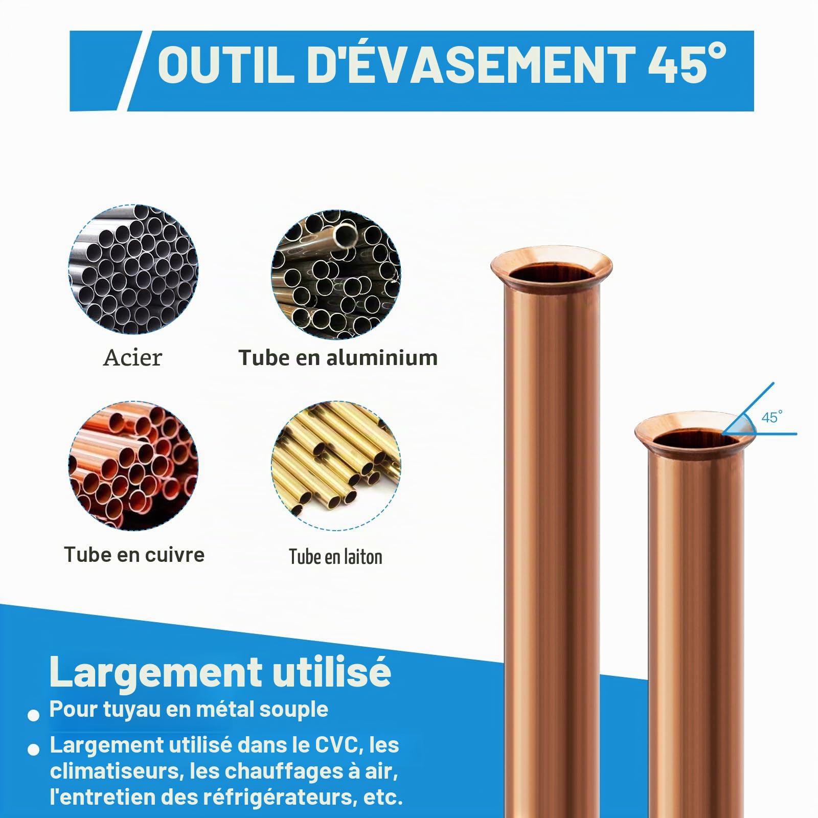 Évaseur pour conduites de frein, conduite de frein à 45 °, outil d'évasement pour évasement simple, à bulles et double (diamètre 4,75 mm/6,35 mm/8 mm/9,5 mm) bleu
