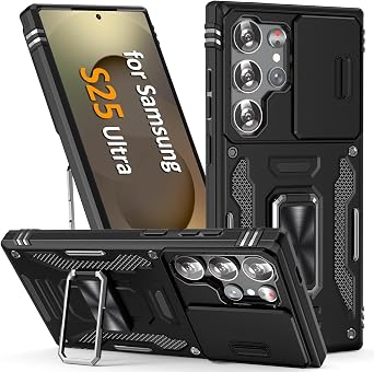 حافظة لهاتف Samsung S 25 Ultra مع غطاء عدسة الكاميرا، مع حامل حلقي، مناسب لحامل السيارة المغناطيسي، لهاتف Samsung Galaxy S25 Ultra Black