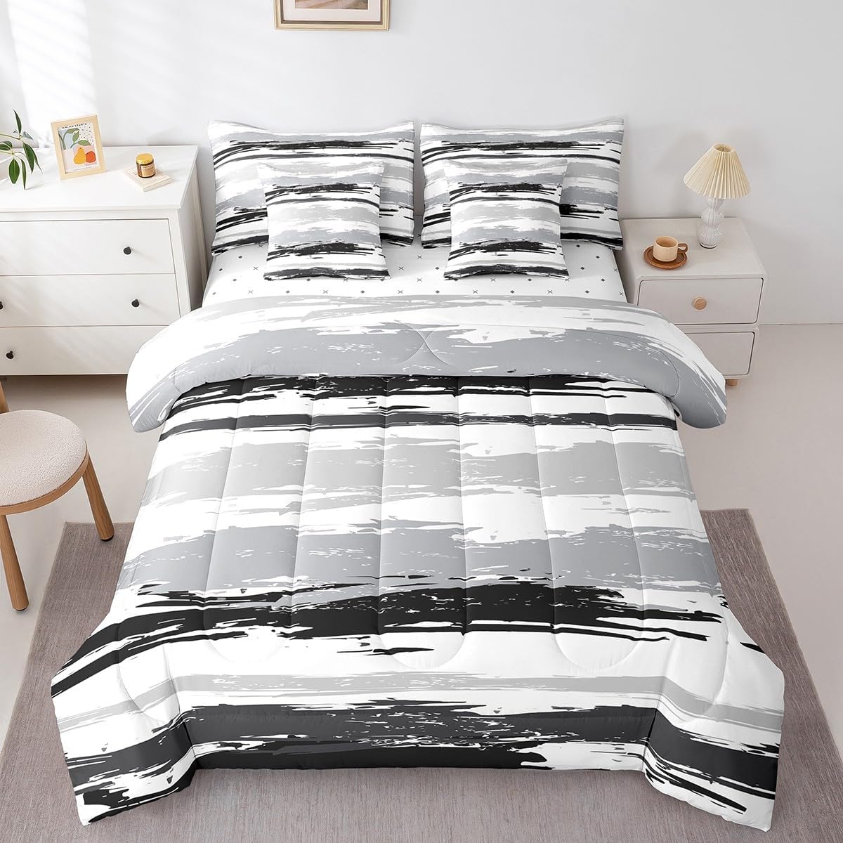 Erosebridal Abstract Black White 7 Pcs Comforter Set Set Queen Modern Grey Striped Bed Set for Adults Men Women Geometric Aesthetic Oil Painting Bed in A Bag Minimalist Simple Watercolor Sheet Set