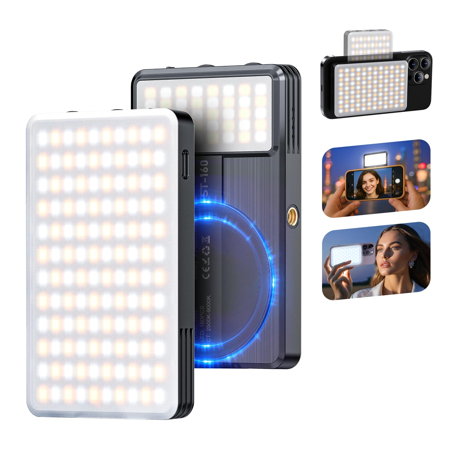 Luce magnetica per selfie 160 LED, luce per cellulare compatibile con MagSafe & Android, 2500-9000 K, dimmerabile, influencer, portatile, luce video professionale per vlog, trucco, TikTok, fotografia